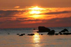 sea, Rock, Sunset