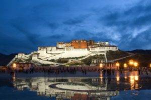 Buddhism, Architecture, Tibet, Potala Palace, Palace, Evening, Hill, Stairs, Clouds, Lights, Rock, Town square, Reflection, Water, Tourism, Mountain, Lhasa