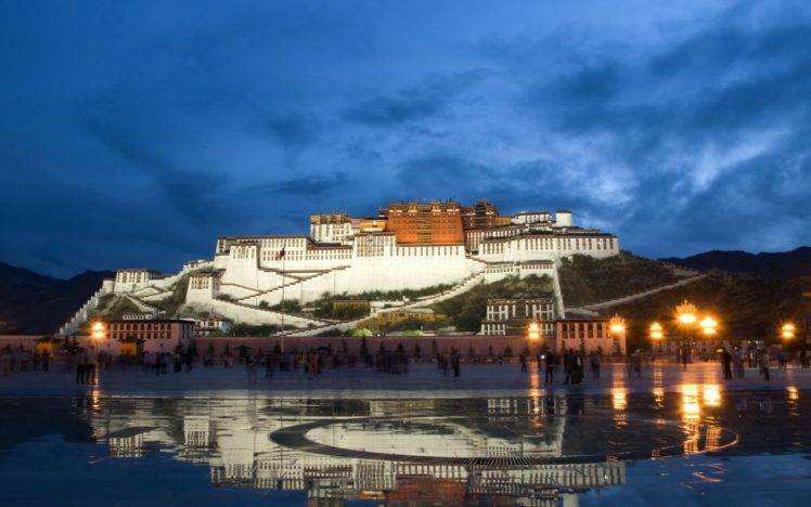 Buddhism, Architecture, Tibet, Potala Palace, Palace, Evening, Hill, Stairs, Clouds, Lights, Rock, Town square, Reflection, Water, Tourism, Mountain, Lhasa HD Wallpaper Desktop Background