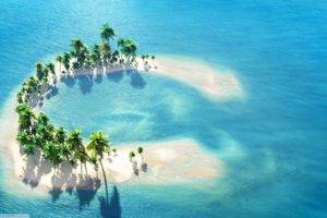 island, Water, Palm trees