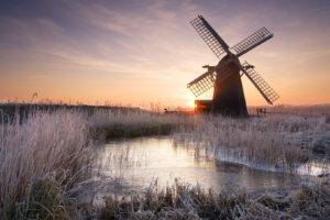 sunset, Winter, Windmills