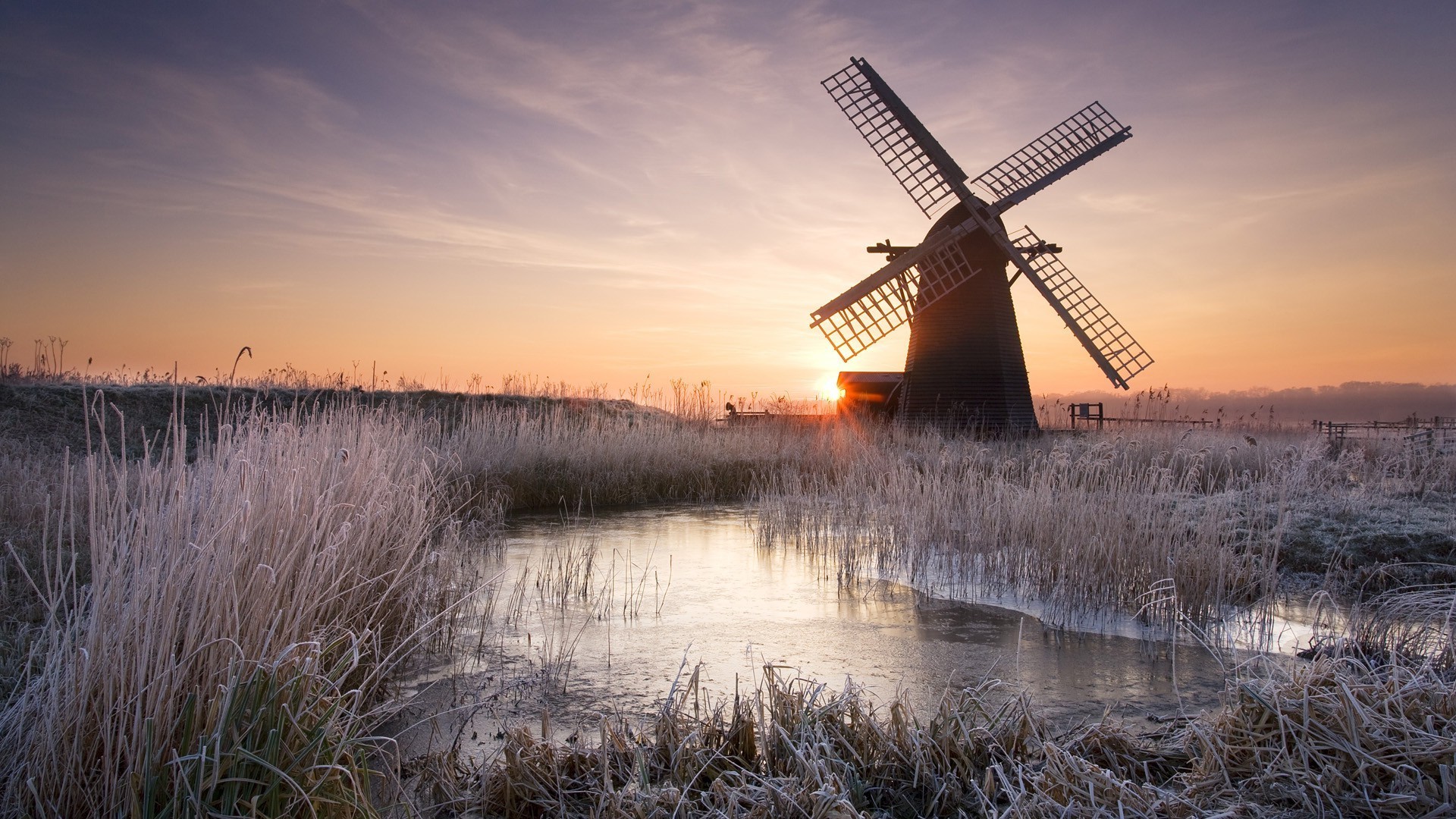 sunset, Winter, Windmills Wallpaper