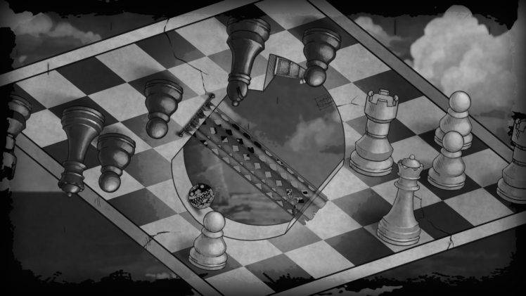 optical illusion, Monochrome, Chess, Board games, Pawns, Curtains, Drawing, Artwork, Clouds HD Wallpaper Desktop Background