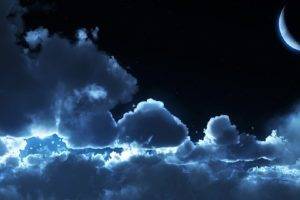 Moon, Night, Sky, Clouds