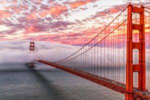 Golden Gate Bridge, Bridge, Architecture, Clouds, Sea, Sunset, San Francisco, California