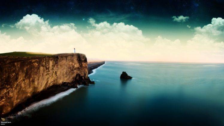 landscape, Digital art, Sea, Lighthouse, Cliff, Coast, Horizon, Sky, Clouds HD Wallpaper Desktop Background