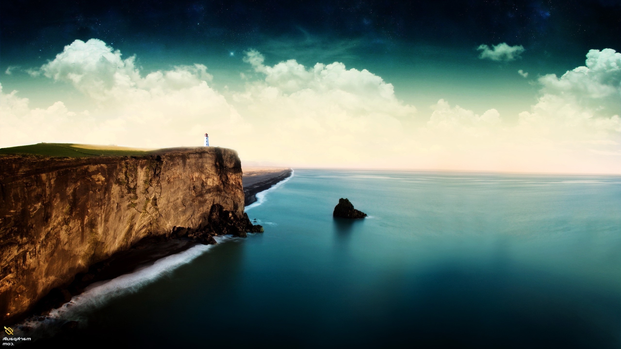 landscape, Digital art, Sea, Lighthouse, Cliff, Coast, Horizon, Sky, Clouds Wallpaper