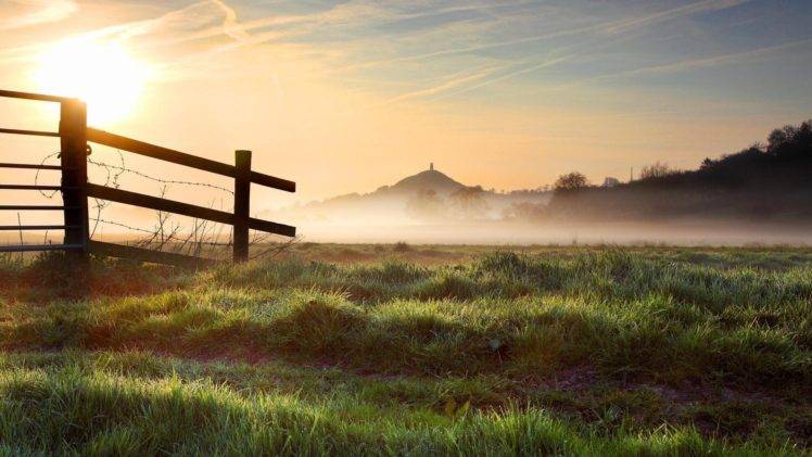 fence, Sunlight, Landscape, Grass, Mist, Nature HD Wallpaper Desktop Background