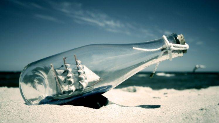 sailing ship, Ship in a bottle, Beach, Sand HD Wallpaper Desktop Background