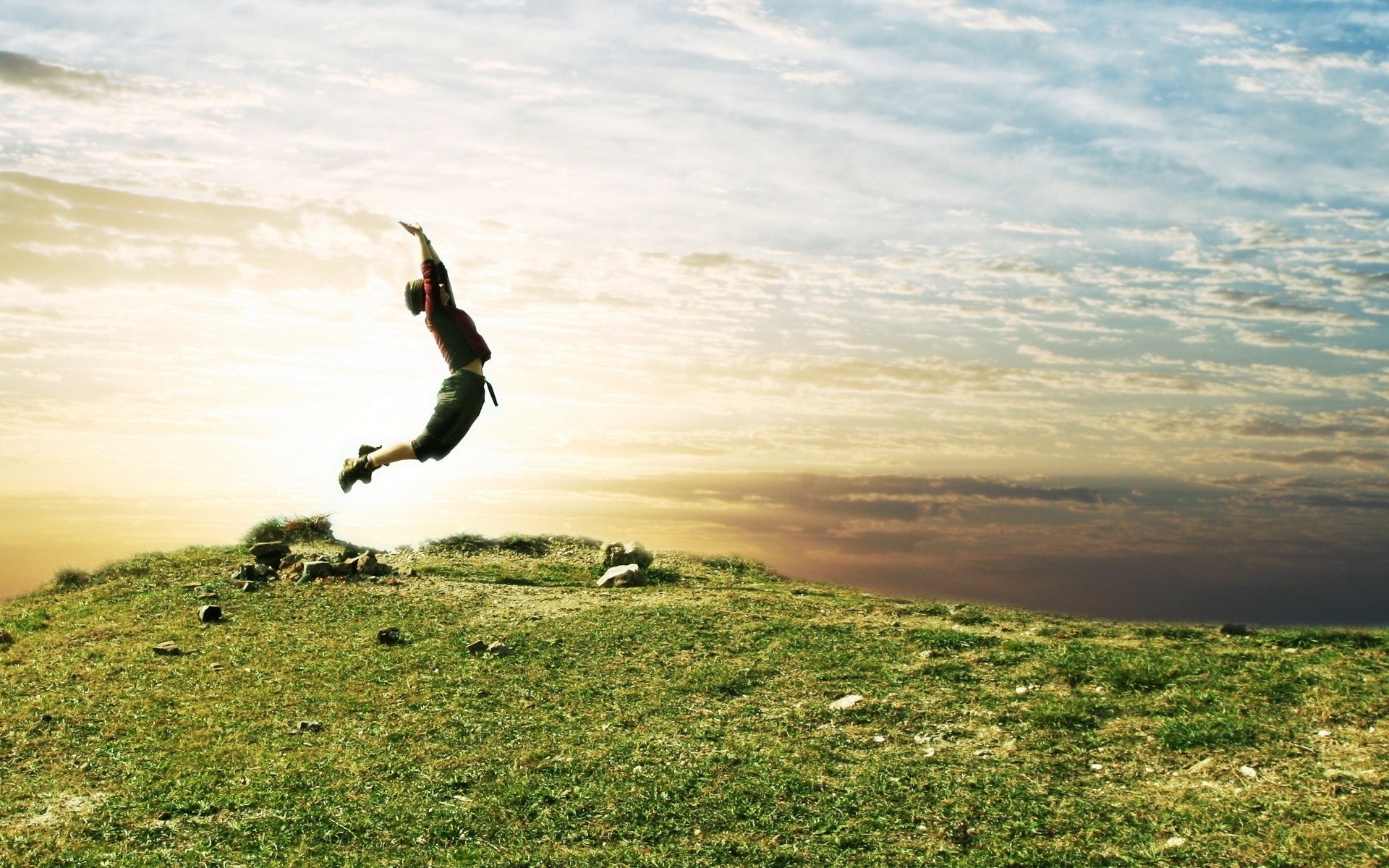 people, Jumping, Sky, Clouds Wallpaper