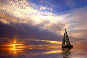 sailing ship, Boat, Sky, Sunlight, Sea, Clouds