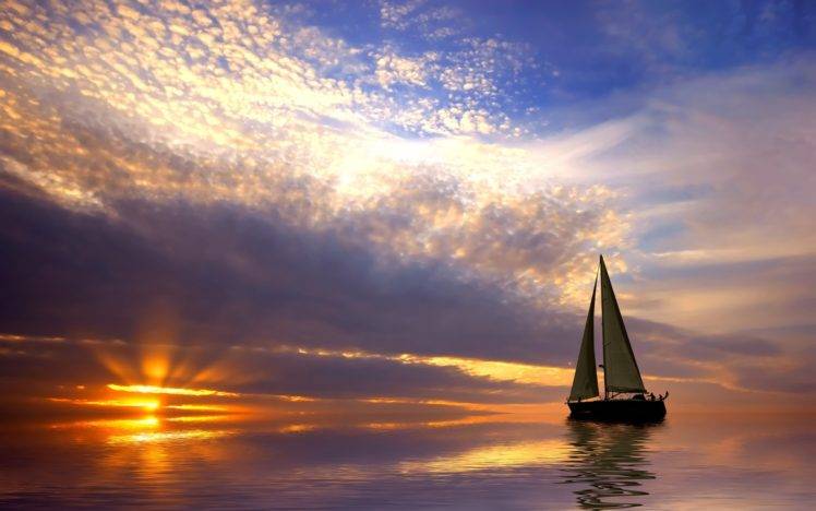 sailing ship, Boat, Sky, Sunlight, Sea, Clouds HD Wallpaper Desktop Background