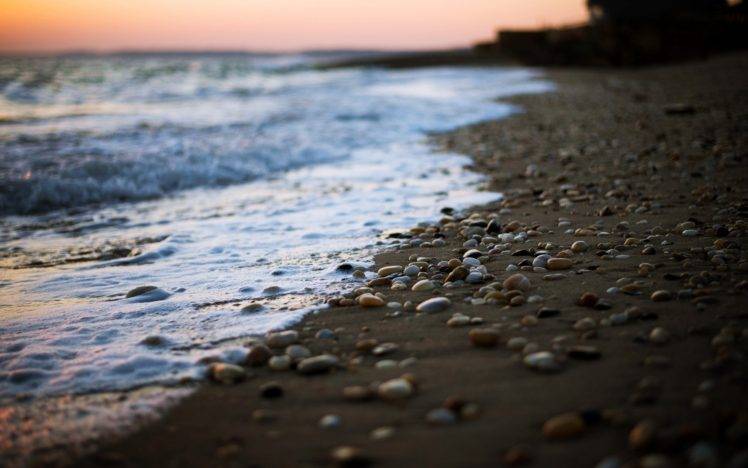 beach, Pebbles, Sea, Depth of field, Shoreline HD Wallpaper Desktop Background