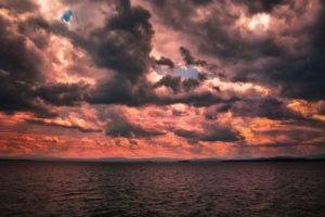 sea, Overcast, Sunset, Clouds