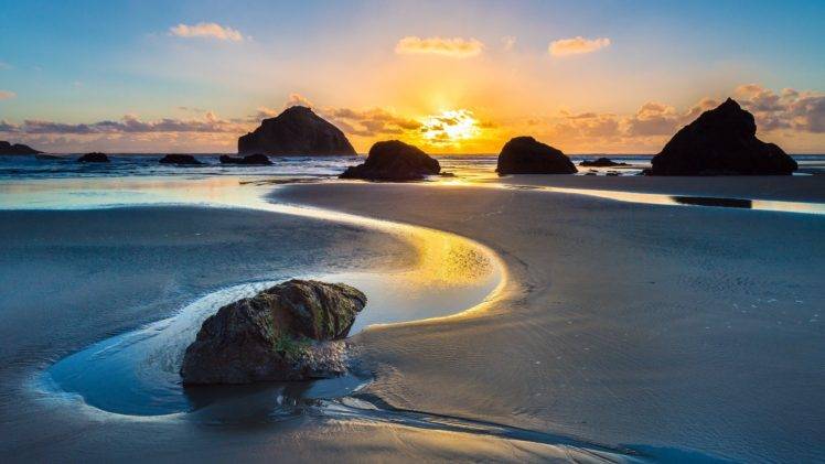sunset, Rock, Beach, Sea HD Wallpaper Desktop Background