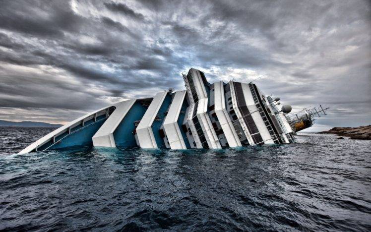 Costa Concordia, Disaster, Crash, Ship, Cruise ship, Sea, Clouds, Sinking ships HD Wallpaper Desktop Background