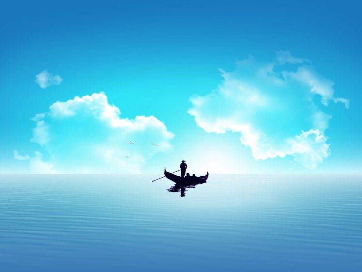 boat, Artwork, Sky, Horizon, Sea, Birds HD Wallpaper Desktop Background