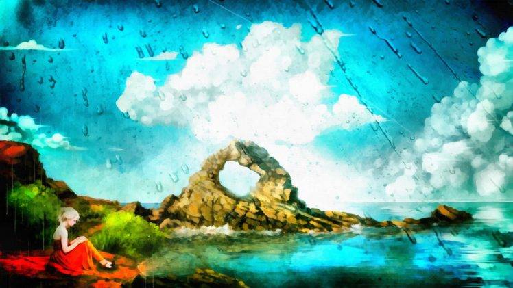 digital art, Fantasy girl, Landscape, Fantasy art, Artwork, Sea, Clouds HD Wallpaper Desktop Background