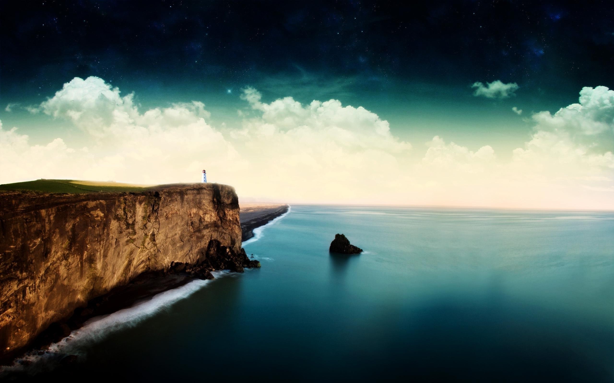 lighthouse, Cliff, Clouds, Stars, Sea Wallpaper