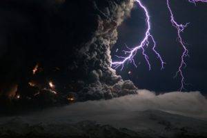 lightning, Clouds, Volcano, Eruptions, Night, Smoke