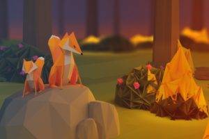 anime, Paper, Poly, Fire, Minimalism, Nature, Fox, Rock, Low poly, Digital art, Stones, Plants, Trees, Flowers, Baby animals