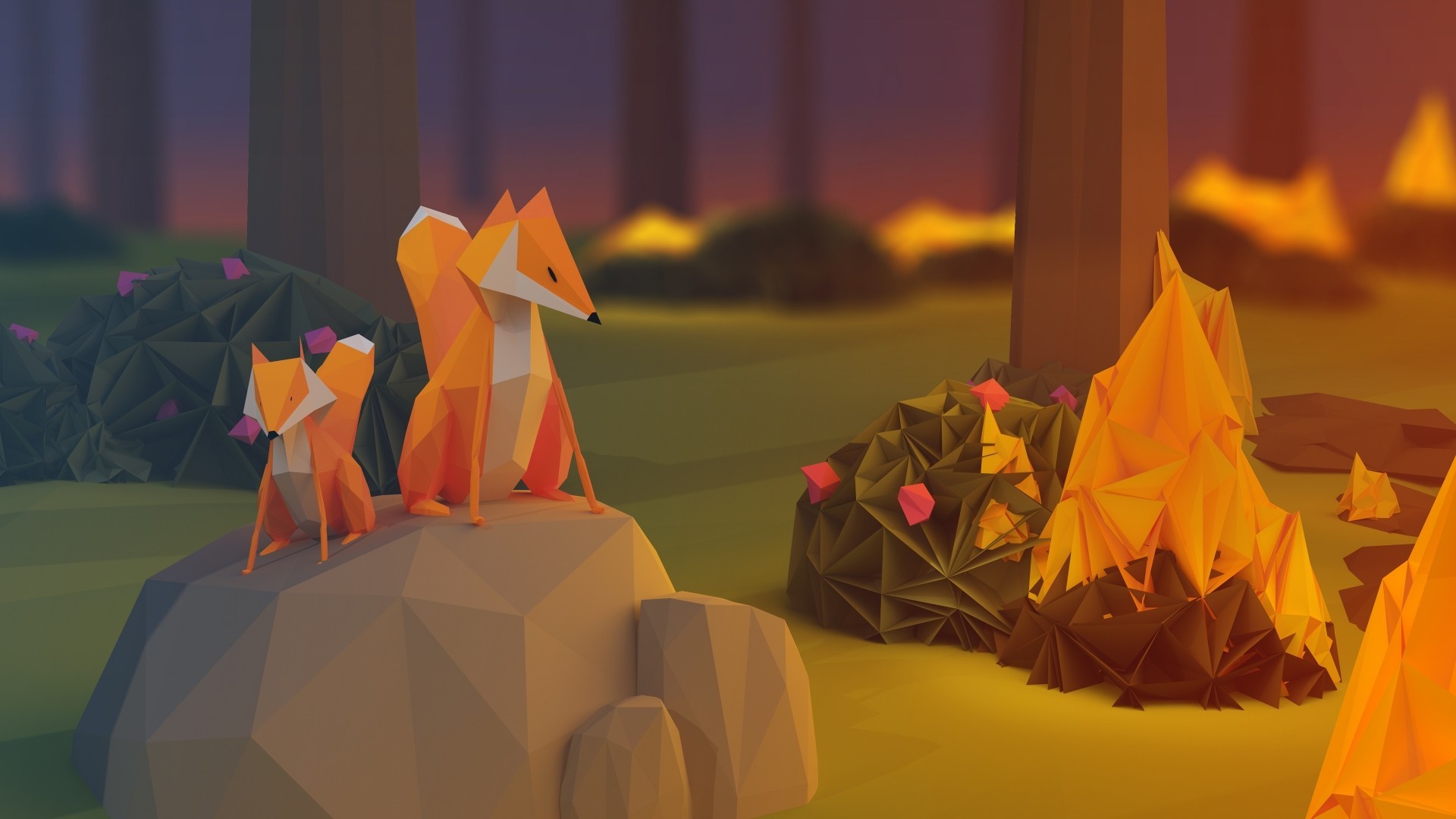 anime, Paper, Poly, Fire, Minimalism, Nature, Fox, Rock, Low poly, Digital art, Stones, Plants, Trees, Flowers, Baby animals Wallpaper