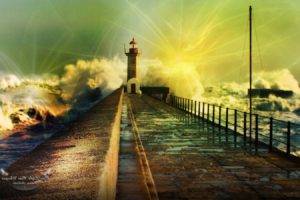 lighthouse, Digital art, Sea