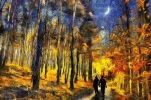 couple, Painting, Crescent moon, Surreal, Forest