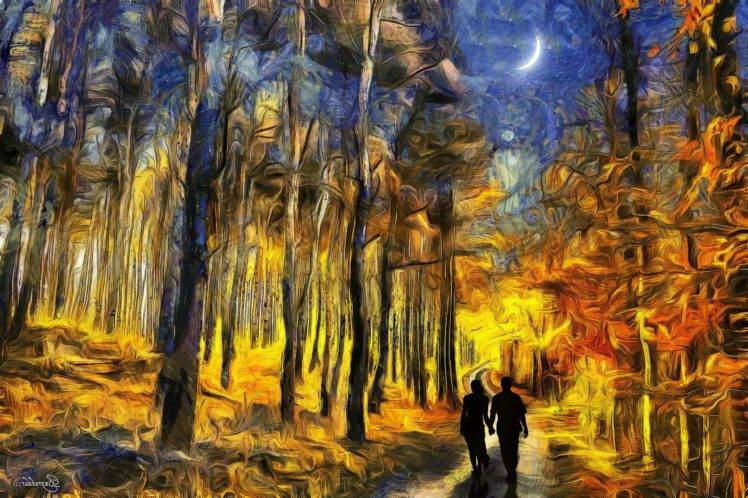 couple, Painting, Crescent moon, Surreal, Forest HD Wallpaper Desktop Background