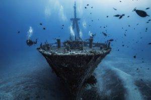 sea, Ship, Shipwreck, Water, Underwater, Fish, Divers, Bubbles, Blue, Silhouette