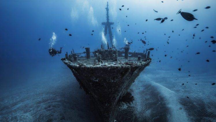 sea, Ship, Shipwreck, Water, Underwater, Fish, Divers, Bubbles, Blue, Silhouette HD Wallpaper Desktop Background