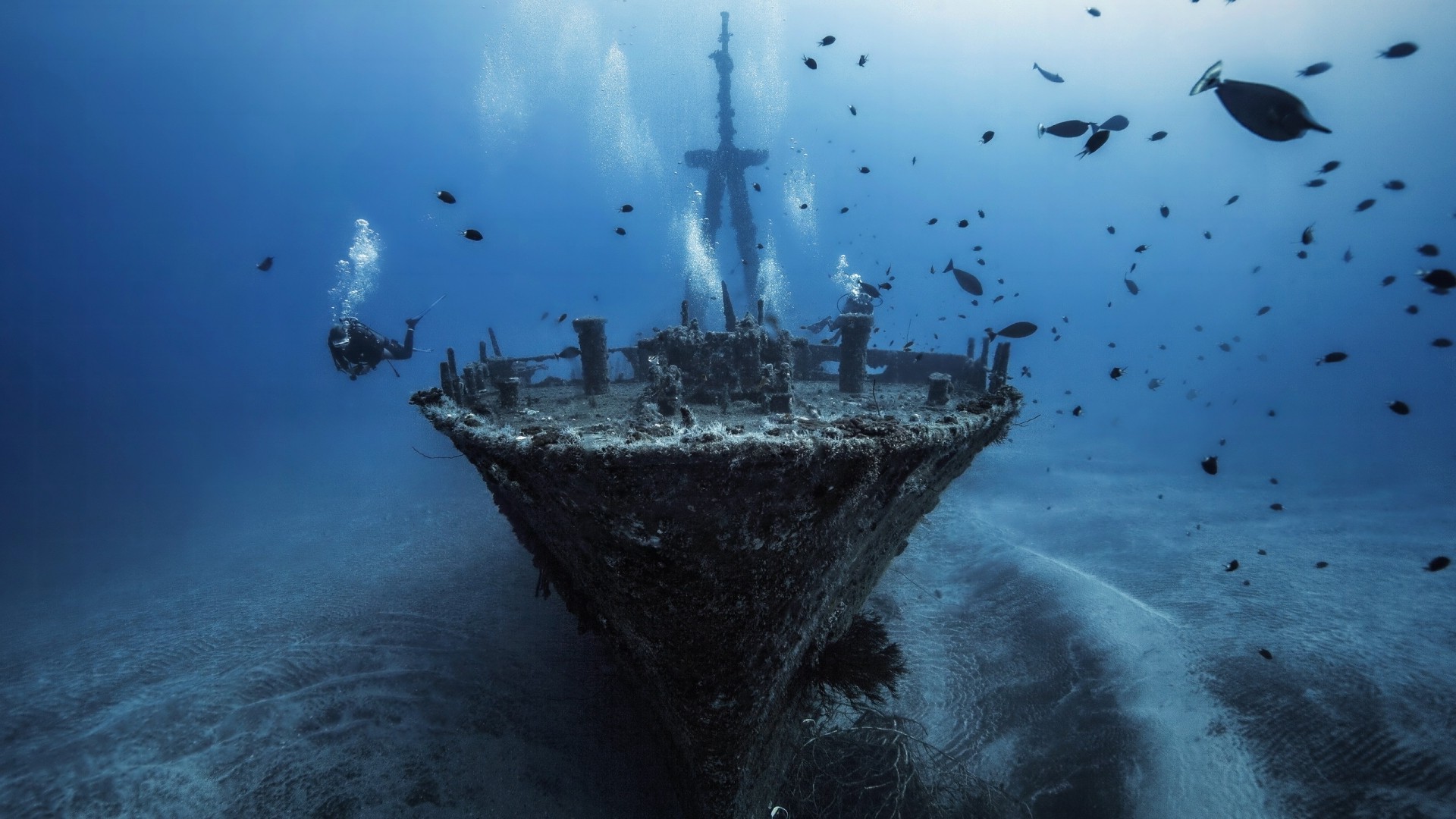 sea, Ship, Shipwreck, Water, Underwater, Fish, Divers, Bubbles, Blue, Silhouette Wallpaper