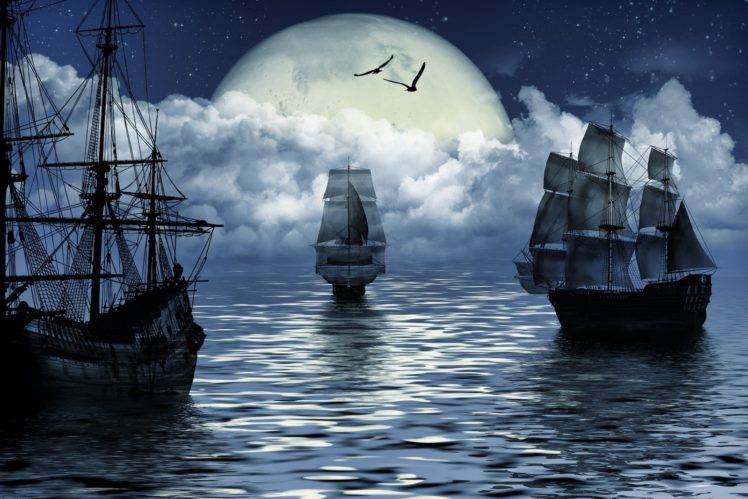 sailing ship, Fantasy art, Render, Clouds, Moon, Birds, Sea HD Wallpaper Desktop Background