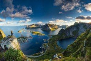 Lofoten, Norway, Island, Cityscape, Sea, Grass, Mountains, Clouds, Anime, Water, Fjord, Nature, Landscape, Lake, Panorama