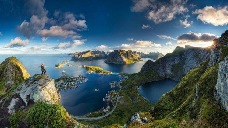 Lofoten, Norway, Island, Cityscape, Sea, Grass, Mountains, Clouds, Anime, Water, Fjord, Nature, Landscape, Lake, Panorama HD Wallpaper Desktop Background