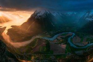 sunset, Norway, Field, Road, Mountains, Clouds, Sun rays, Town, Snowy peak, Bay, Valley, Nature, Landscape, River, Panorama