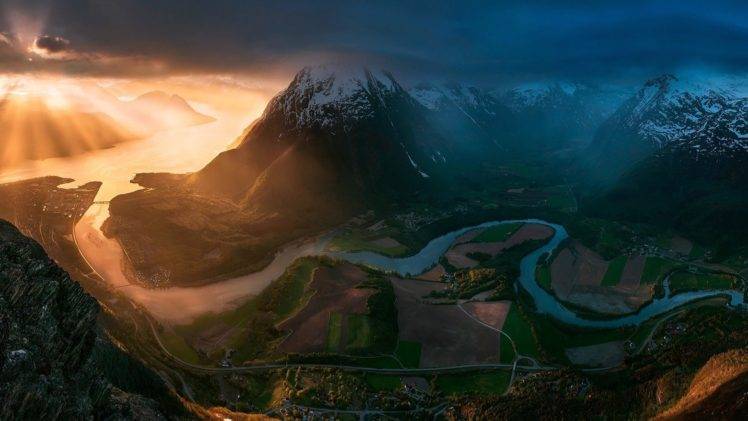 sunset, Norway, Field, Road, Mountains, Clouds, Sun rays, Town, Snowy peak, Bay, Valley, Nature, Landscape, River, Panorama HD Wallpaper Desktop Background