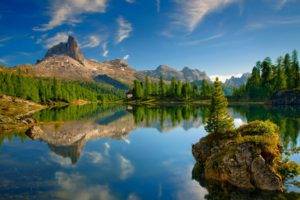 lake, Dolomites (mountains), Forest, Mountains, Reflection, Alps, Summer, Trees, Cabin, Nature, Landscape, Sky