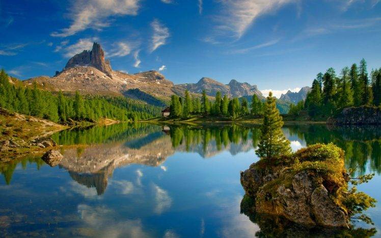 lake, Dolomites (mountains), Forest, Mountains, Reflection, Alps, Summer, Trees, Cabin, Nature, Landscape, Sky HD Wallpaper Desktop Background