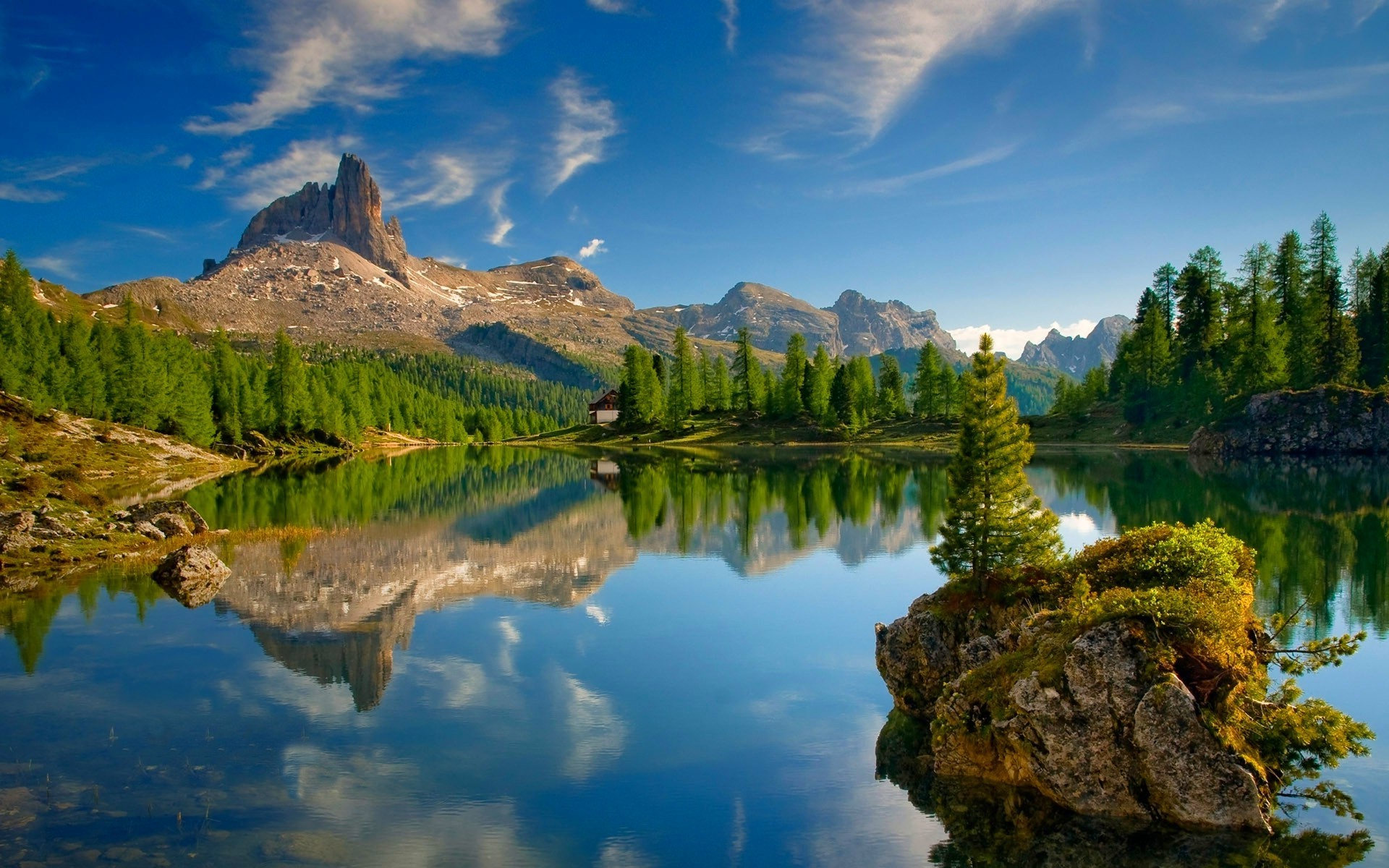 lake, Dolomites (mountains), Forest, Mountains, Reflection, Alps, Summer, Trees, Cabin, Nature, Landscape, Sky Wallpaper