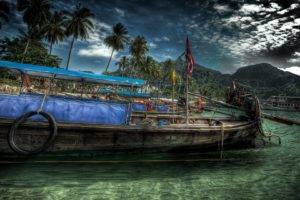 HDR, Boat, Palm trees, Island, Clouds