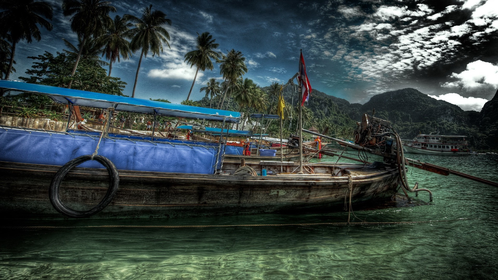 HDR, Boat, Palm trees, Island, Clouds Wallpaper