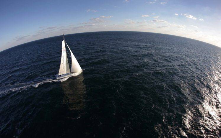 sailing ship, Sea, Yachts, Fisheye lens, Horizon, Clouds, Waves, Sunlight, Reflection HD Wallpaper Desktop Background