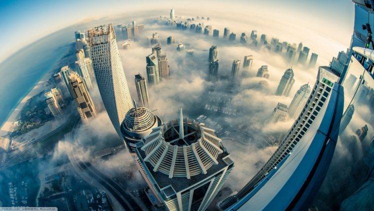 cityscape, Building, Dubai, Aerial view, Fisheye lens, Clouds HD Wallpaper Desktop Background