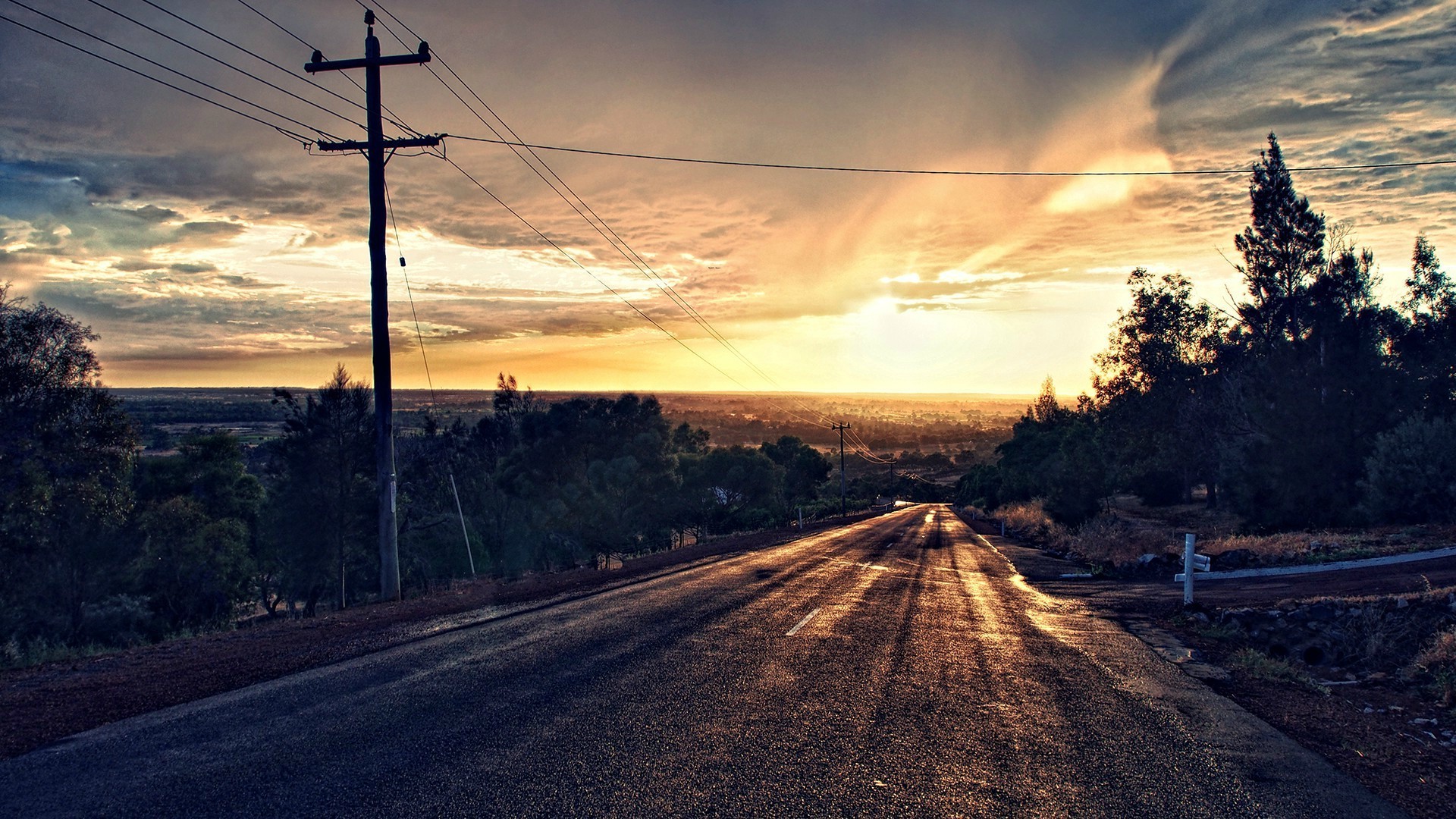sunset, Power lines, Road, Sky, Clouds, Trees Wallpapers HD / Desktop