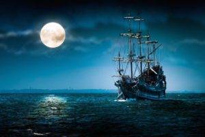 moon, Boat, Sea, Night