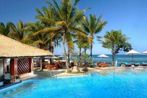 palm trees, Sea, Hotel, Swimming pool
