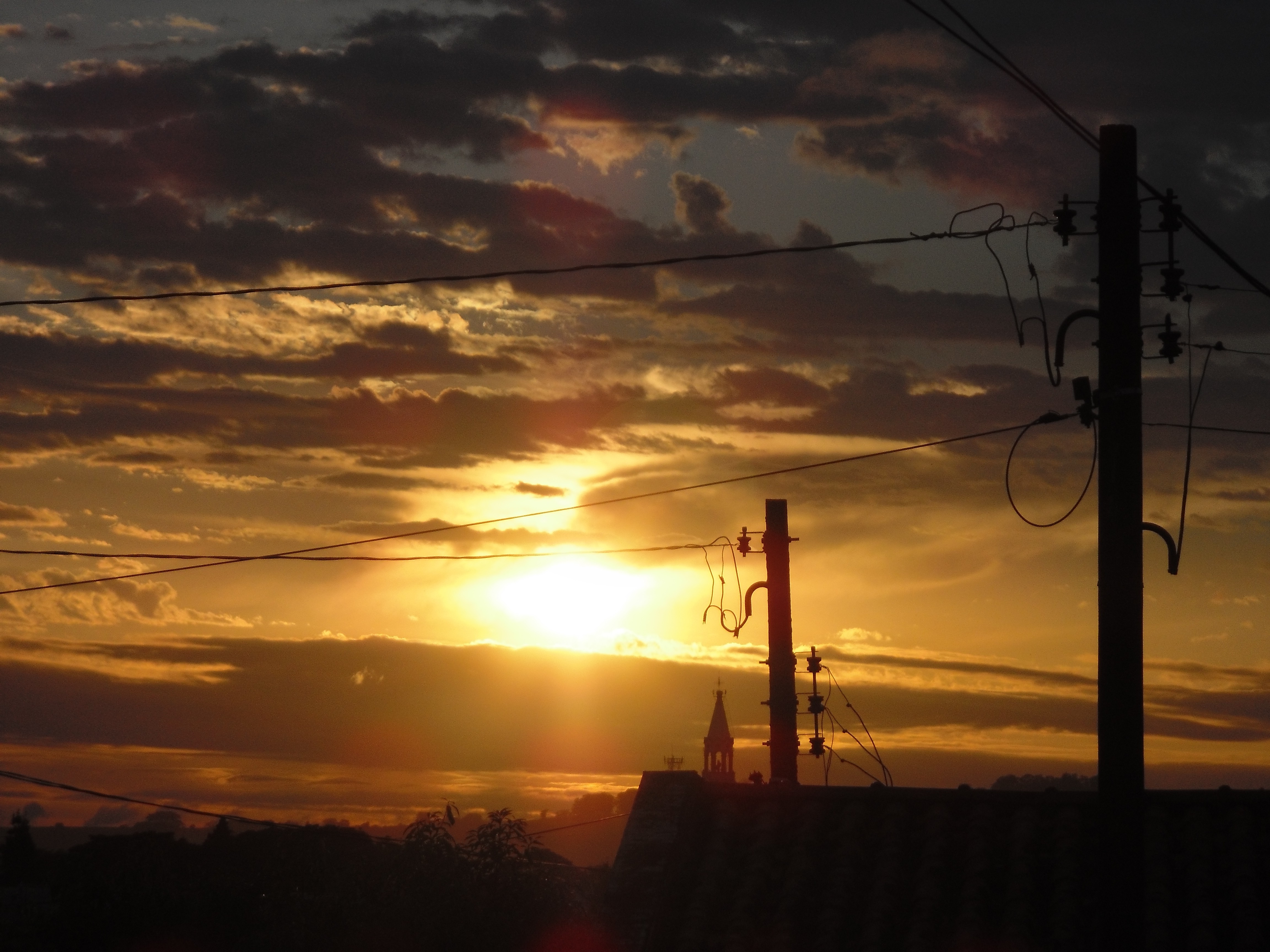 sunset, Silhouette, Clouds, Utility pole Wallpaper