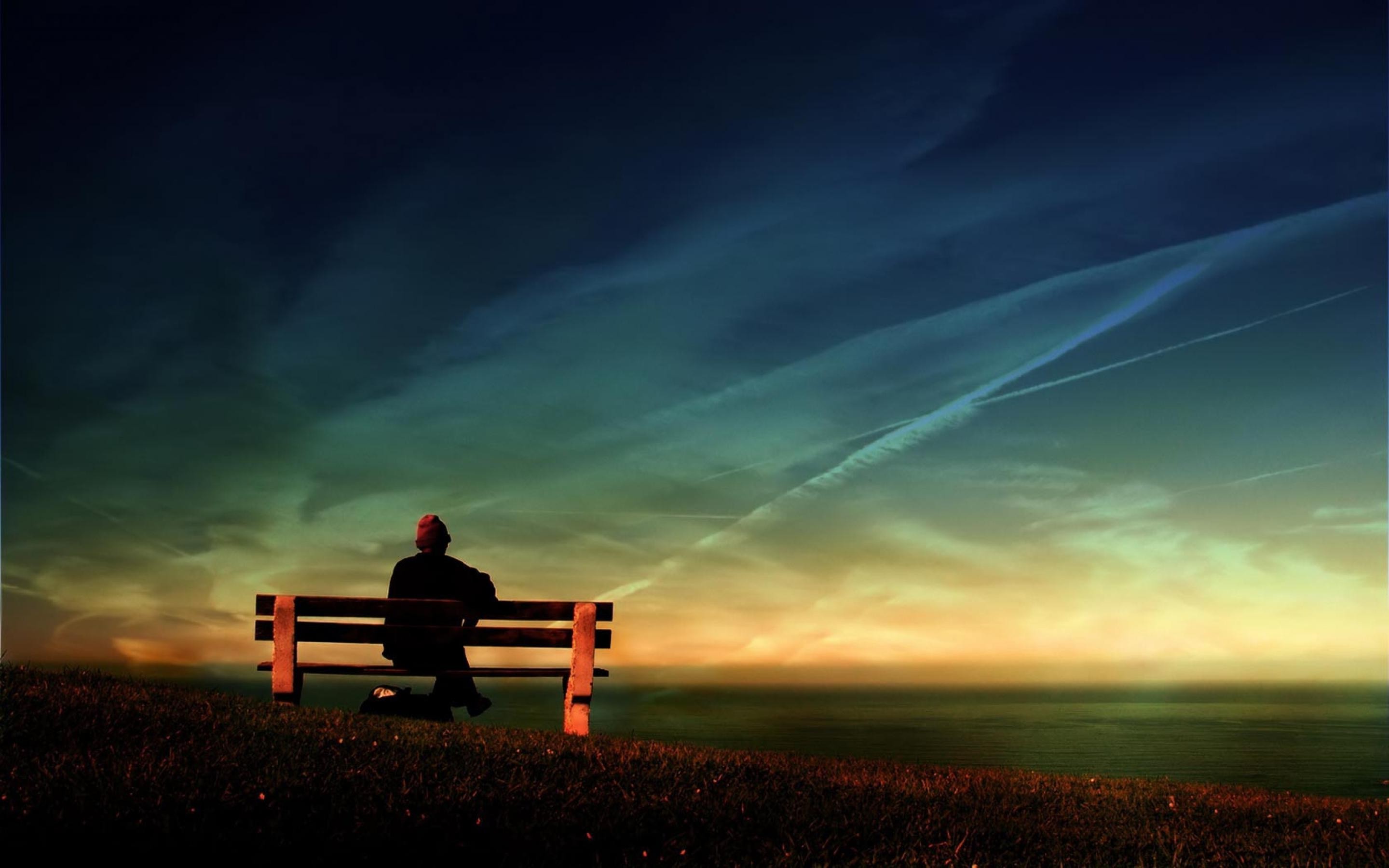 people, Bench, Water, Clouds Wallpaper
