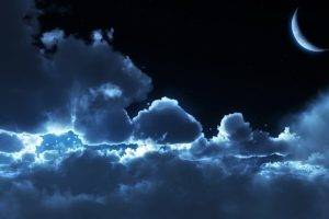moon, Night, Stars, Clouds